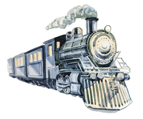Watercolor train illustration. A vintage vehicle painting. Travel concept artwork. © Victoria