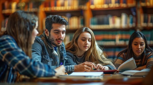 A study group working together in a library, illustrating collaborative learning and academic support