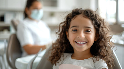 Cute happy Hispanic girl smiling with white teeth at a dentist appointment. A child sits in a dental chair in a modern dentist or orthodontist office
