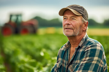 Portrait of an aged farmer in a field, with agricultural machinery in the background and a green field, focusing on the details of rural life.