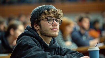 A student diligently taking notes during a lecture in a modern classroom, emphasizing active learning and engagement