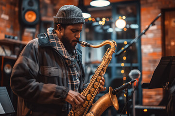 Portrait of an African American musician in a bar playing a jazz saxophone.