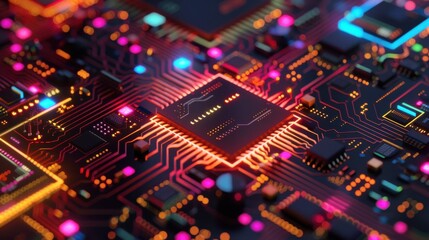 Obraz premium Detailed view of a microchip on a circuit board with glowing red and pink lines, highlighting the advanced technology and electronic design..