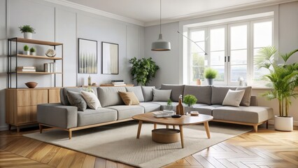 Serene Scandinavian living room with light gray sectional sofa, minimalist wooden coffee table, and sleek media console in airy space.
