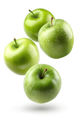 Flying green Apples isolated on white background