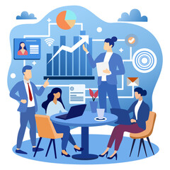 Illustration of a business team engaged in a meeting, analyzing data and discussing growth strategies. Features professionals working with laptops, charts, and graphs in a modern office setting. Ideal