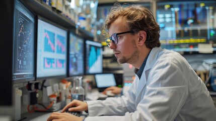 A scientist carefully examining data charts on multiple computer screens in a modern laboratory