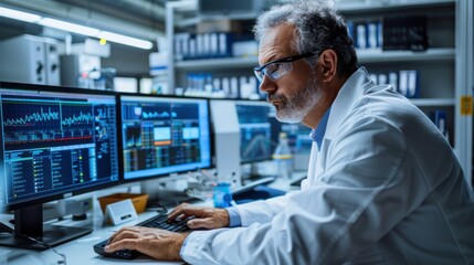 A scientist carefully examining data charts on multiple computer screens in a modern laboratory