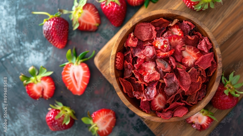 Wall mural dried strawberry slices in wooden bowl