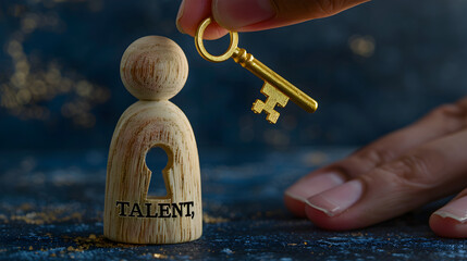a wooden figurine with a keyhole, A hand holds a golden key labeled "TALENT," poised to unlock the figure's abilities