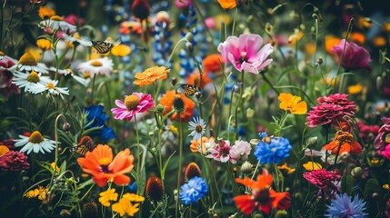 A field of wildflowers with a variety of colorful blooms, bees and butterflies pollinating © jessica