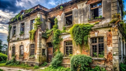 Fototapeta premium Cracked walls, shattered windows, and overgrown vegetation envelop a century-old edifice, its once-majestic facade now wearied by time and neglect.
