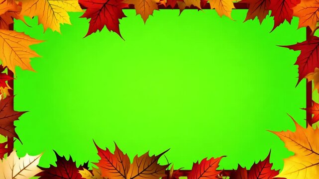 Autumn leaves frame on green screen. Cartoon autumn leaf frame animation on a green screen. Autumn leaf frame animation with key color. Copy space for fall season