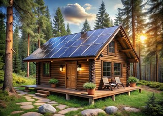 Rustic cabin surrounded by trees receives electricity from solar panels mounted on roof, with interior display showcasing real-time power usage and battery life.
