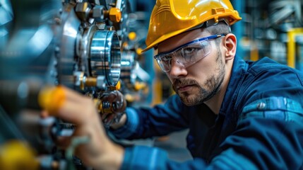 An engineer checking the connections on an industrial machine, focusing on safety and precision