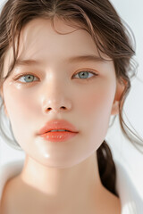 Portrait of a Young Woman with Clear Skin and Elegant Makeup, Featuring Natural and Subtle Beauty