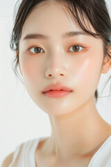 Fototapeta premium Portrait of a Young Woman with Clear Skin and Elegant Makeup, Featuring Natural and Subtle Beauty