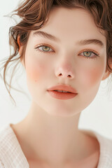 Fototapeta premium Portrait of a Young Woman with Clear Skin and Elegant Makeup, Featuring Natural and Subtle Beauty