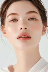 Fototapeta premium Portrait of a Young Woman with Clear Skin and Elegant Makeup, Featuring Natural and Subtle Beauty