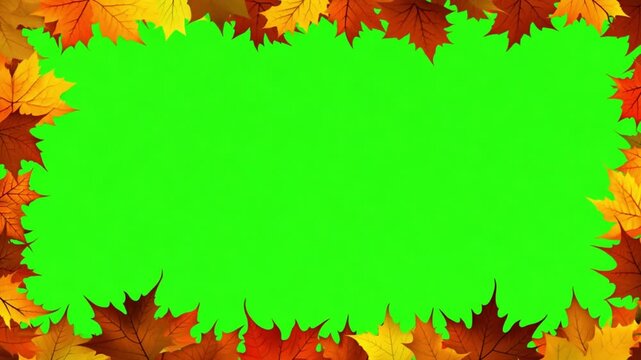 Autumn leaves frame on green screen. Cartoon autumn leaf frame animation on a green screen. Autumn leaf frame animation with key color. Copy space for fall season