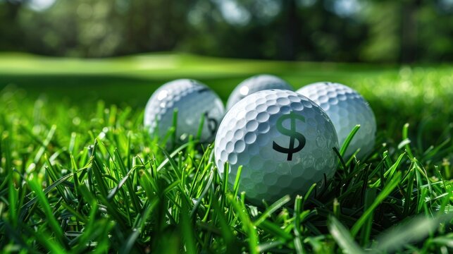 Golf Balls with Dollar Sign on a Green Grass Background