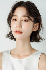 Fototapeta premium Portrait of a Young Woman with Clear Skin and Elegant Makeup, Featuring Natural and Subtle Beauty