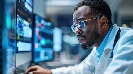 A medical researcher analyzing data on a computer, highlighting the role of data in medical breakthroughs