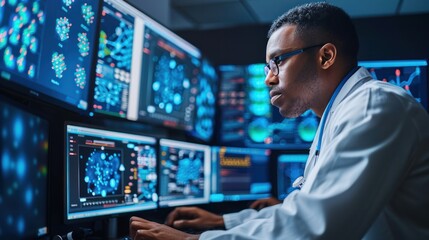 A medical researcher analyzing data on a computer, highlighting the role of data in medical breakthroughs