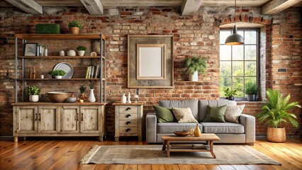 Rustic farmhouse living room interior with distressed cabinetry, exposed brick, and vacant frame on wall awaiting personalized artwork display.