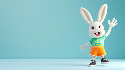 A cheerful rabbit character waving on a light blue background, ideal for children's content or playful themes. The background allows for copy space.