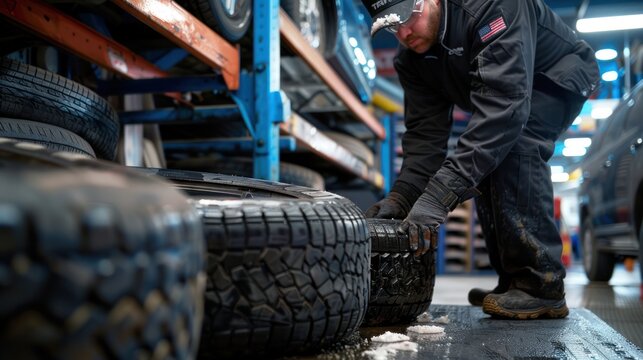 A mechanic balancing tires in an auto shop, ensuring smooth and safe vehicle performance