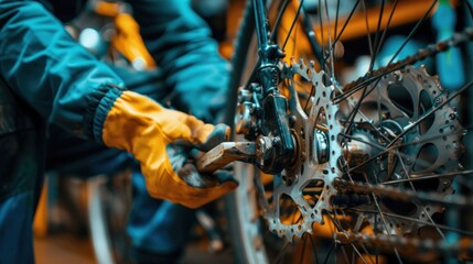 A mechanic adjusting the brakes on a bicycle, emphasizing personal transport maintenance