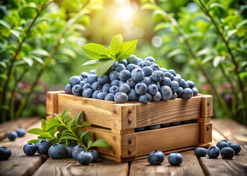 Freshly picked ripe blueberries overflow from a rustic wooden box, set amidst lush greenery in a serene greenhouse, evoking a sense of summer abundance. - Powered by Adobe
