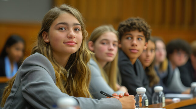 A group of high school students participating in a debate competition, emphasizing critical thinking and communication skills