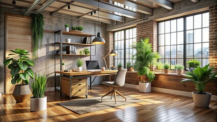 Fototapeta premium Modern loft with potted plant on wooden floor, warm lighting, and stylish workspace interior, modern, loft