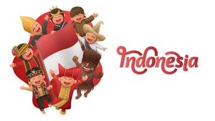 Indonesian Kids Wearing Traditional Ethnic Clothes Holding National Flag Together Illustration