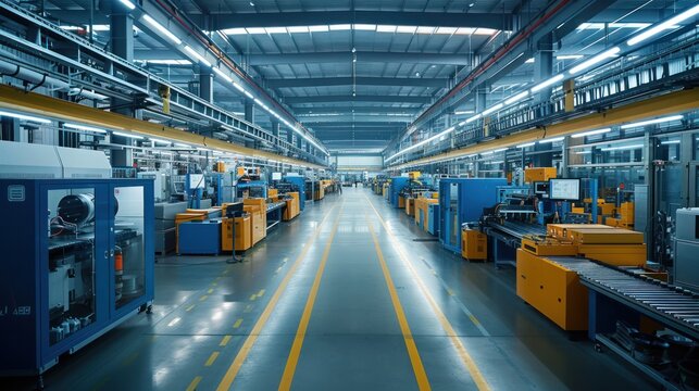 A factory floor with various automated machinery working simultaneously, showcasing the complexity of modern manufacturing