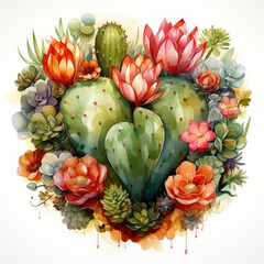 Obraz premium Watercolor Cactus Heart, clipart Illustration, Generative Ai