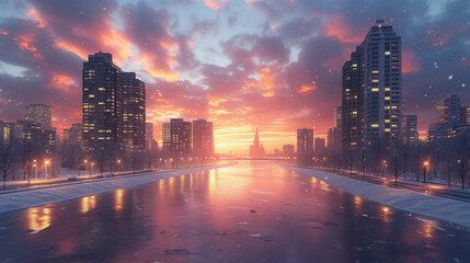 Obraz premium Cityscape With Skyscrapers and River at Sunset
