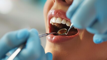A dentist examining a patient's teeth, emphasizing dental health and hygiene