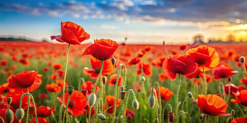 Naklejka premium Vibrant field of red poppies , nature, flowers, spring, petals, meadow, blooming, beauty, landscape, picturesque, fields, colorful