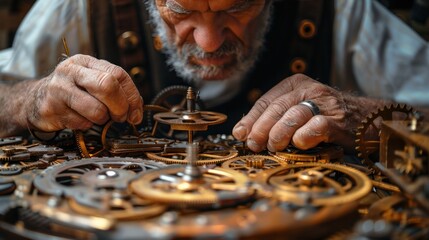 A clockmaker adjusting gears in a timepiece, showcasing the art of horology