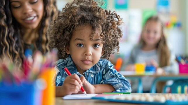 A child learning to write letters with the help of a teacher, showcasing foundational skills in early education