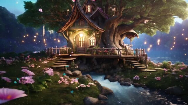 A fairy tale tree house with a river right below it, the river water flows calmly. There are fireflies flying around the tree house.