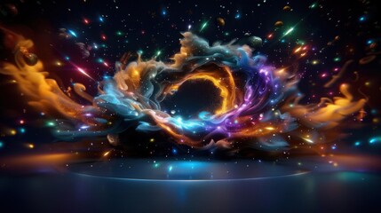 Obraz premium Abstract swirling colorful smoke with sparkling particles and light streaks.