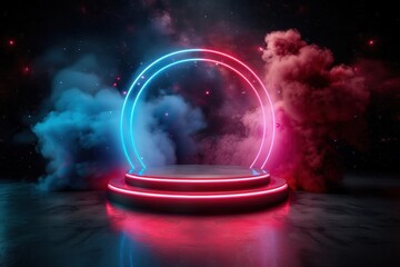 Neon circle lights and smoke surround a podium, creating a futuristic and stylish scene.