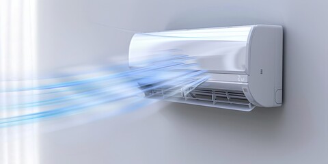 Chilled Efficiency: Modern Air Conditioner Delivering Cool Air with Blue Stream Visualization