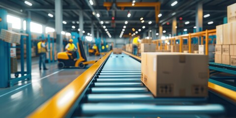 Fototapeta premium Streamlined Efficiency: Automated Conveyor Belt Sorting Packages in a High-Tech Warehouse