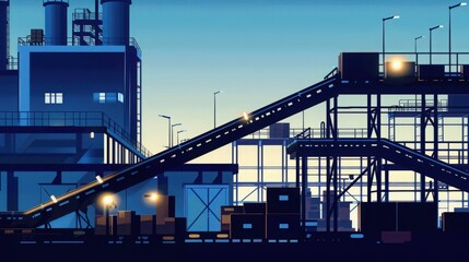 Obraz premium A silhouette of an industrial scene at dusk, featuring a conveyor belt and storage containers lit by evening lights.