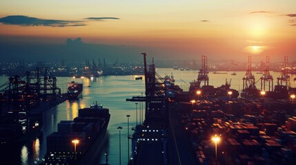 Obraz premium Golden sunset over a bustling harbor, showcasing cranes and ships along the tranquil water, evoking a sense of maritime industry.